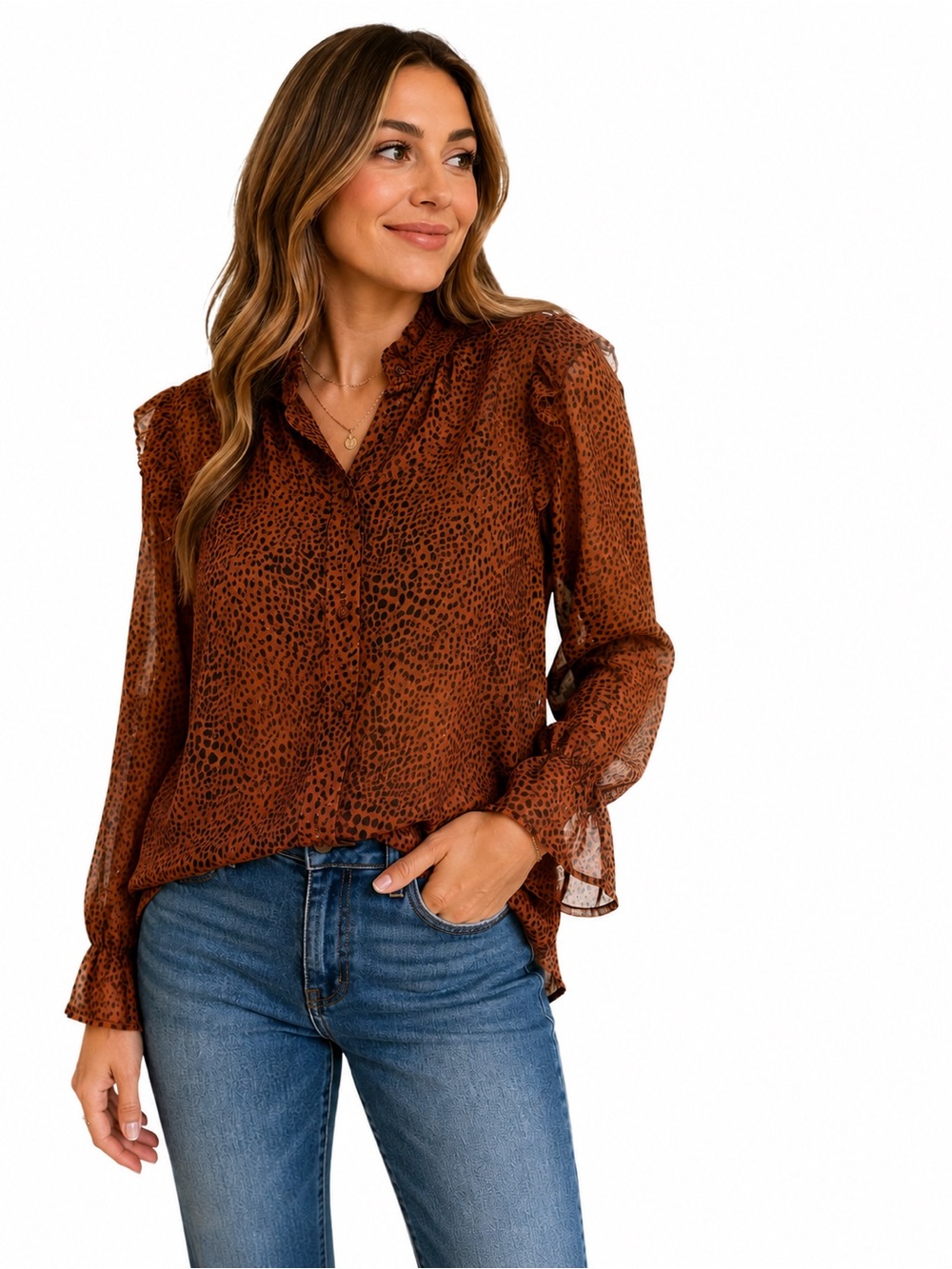 7 For All Mankind Brown Printed Ruffle-Trim Blouse